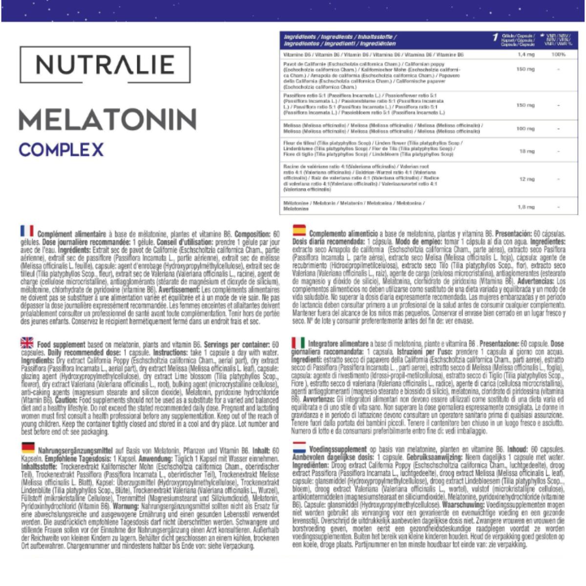 Melatonina con Pasiflora + Raíz Valeriana + B6 Nutralie 60 cápsulas