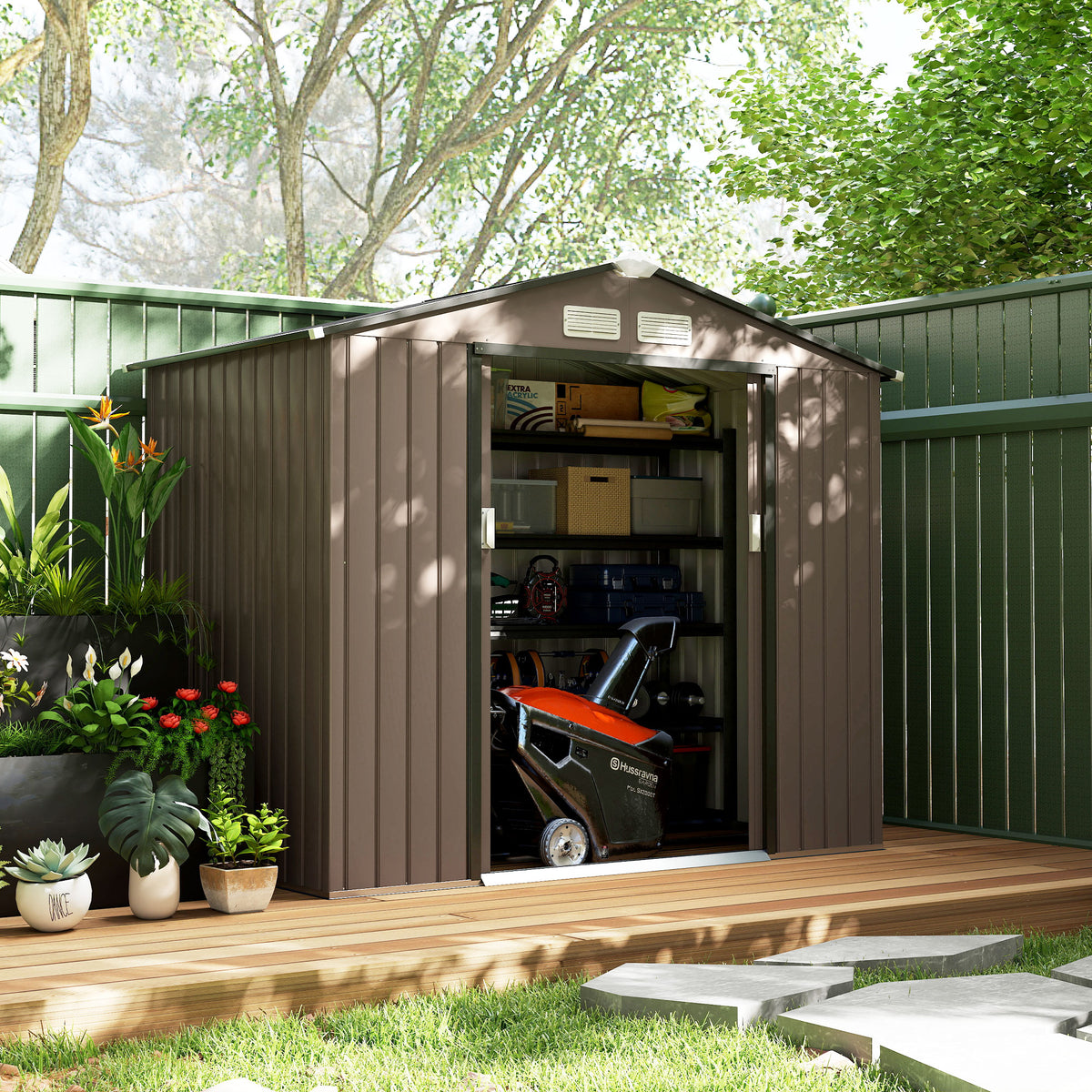 Cobertizo De Jardín Outsunny Acero Galvanizado Marrón 213x130x185 Cm_4