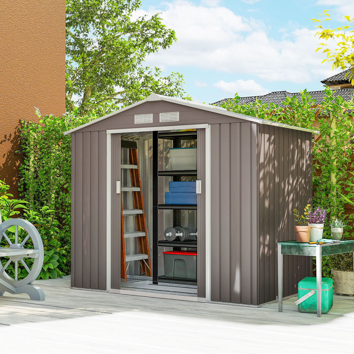 Caseta De Jardín Con 2 Puertas Correderas Outsunny Gris 213x130x185 Cm_3