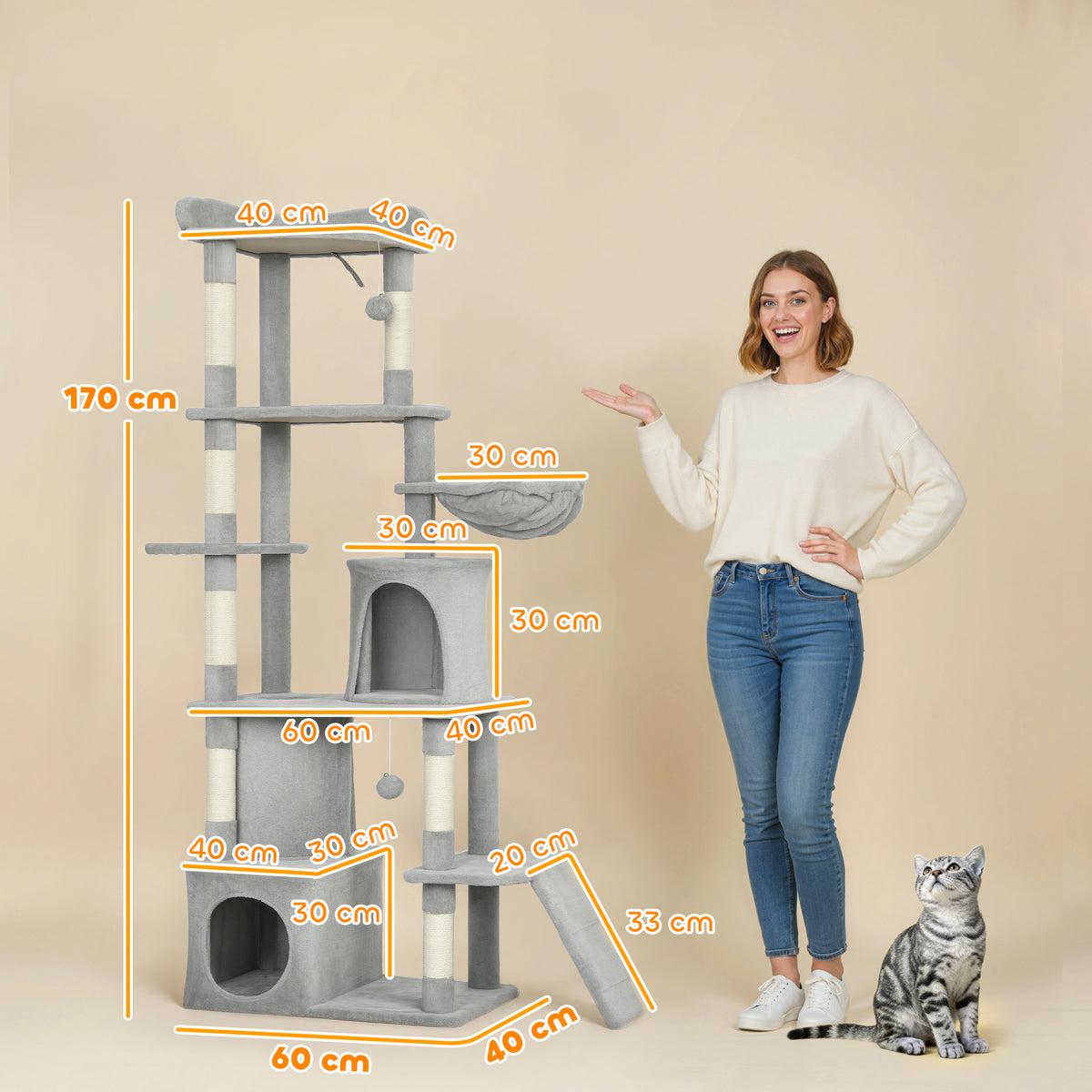 Pawhut Árbol Rascador Para Gatos Grande Altura 170 Cm Gris Claro_2