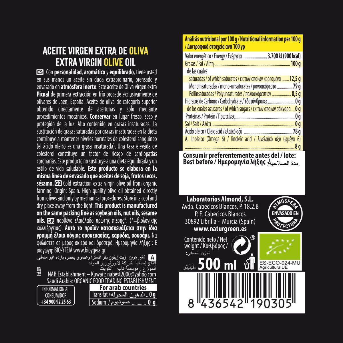Aceite de Oliva Picual Virgen Extra Bio NaturGreen 500 ml