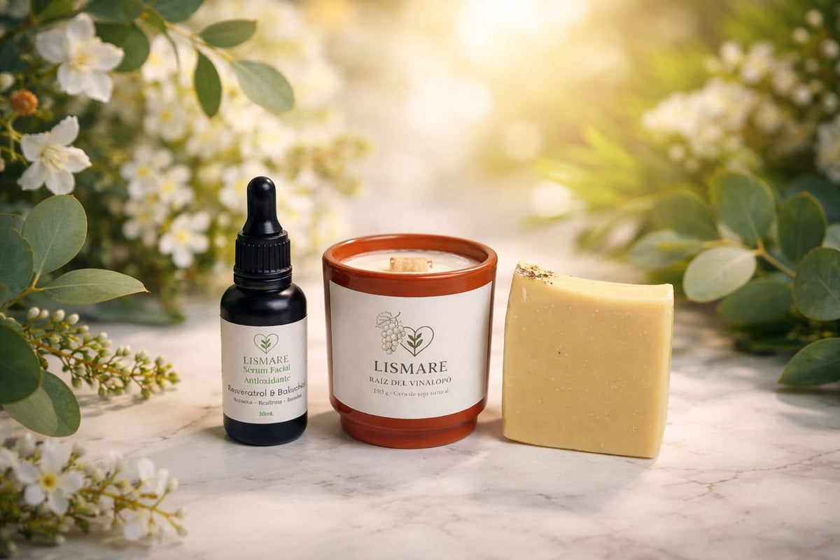 Pack cosmética natural de uva – Sérum Resveratrol y Bakuchiol + jabón sólido + vela de soja – Ritual Vinalopó Lismare_1