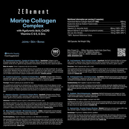 Complejo de colágeno marino con ácido hialurónico, CoQ10, vitaminas C &amp; E y Zinc Zenement, 180 comprimidos