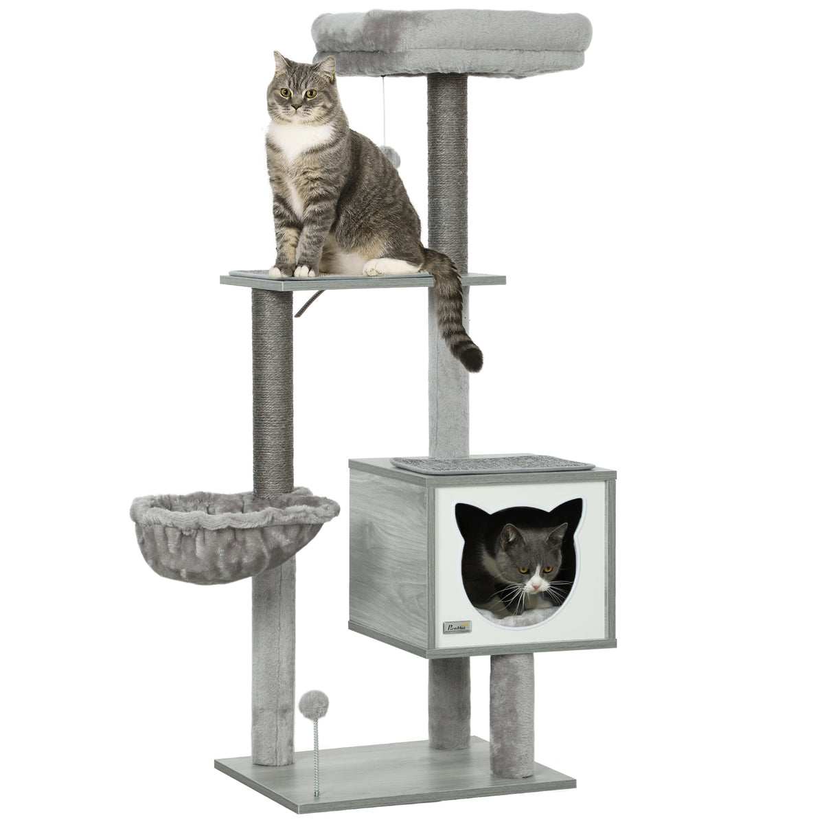 Pawhut Árbol Rascador Para Gatos 126 Cm Con Plataforma Hamaca Caseta Gris_0