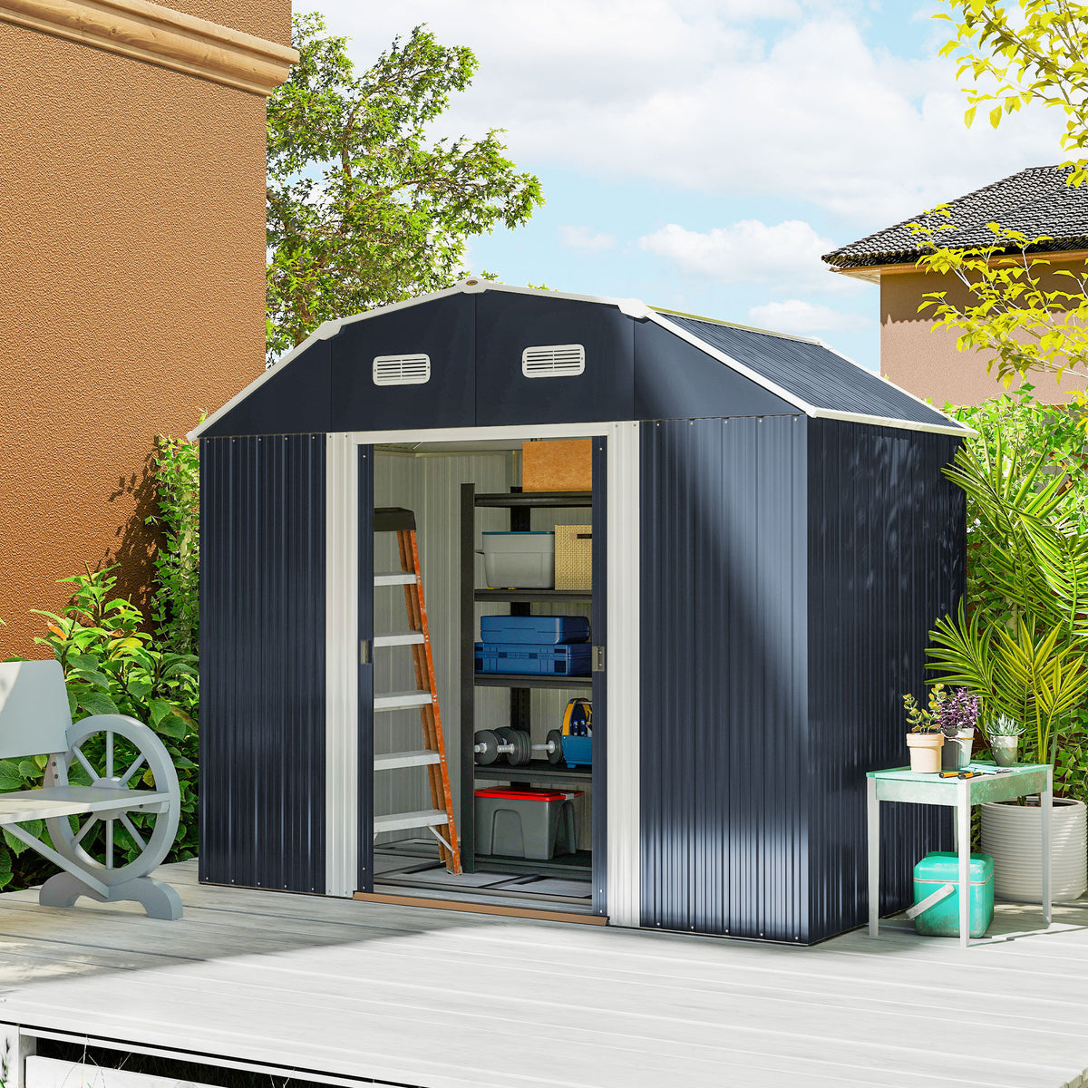 Cobertizo De Jardín Outsunny Acero Galvanizado Gris Oscuro 238x132x198.5 Cm_1