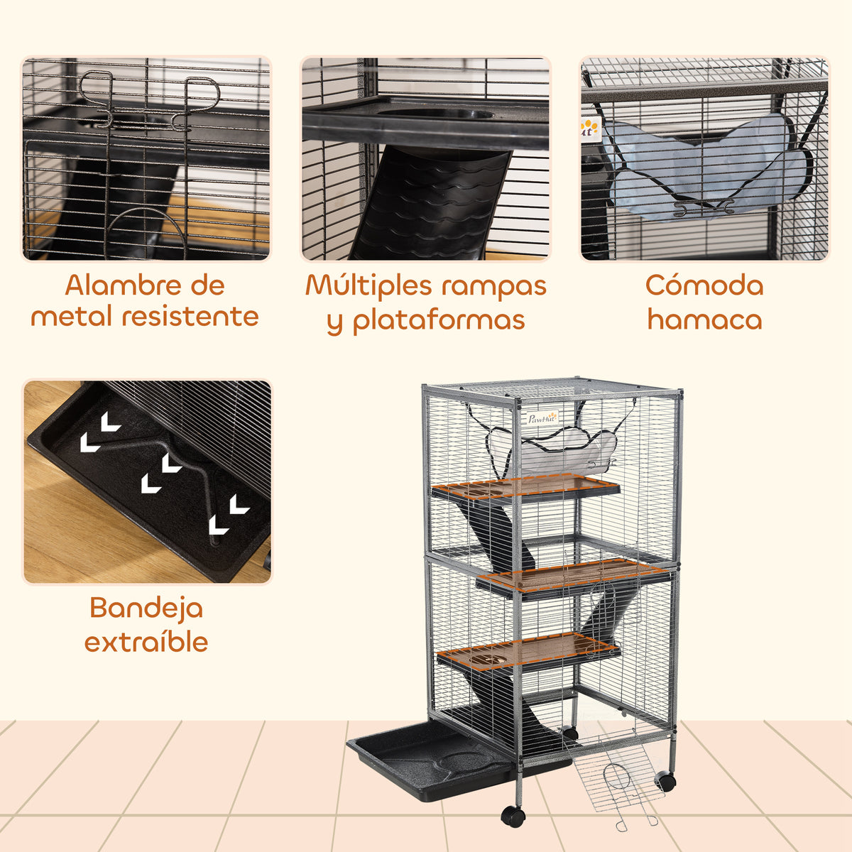 Jaula Grande Para Roedores Con 2 Puertas Pawhut 52x52x113,5cm Gris_5