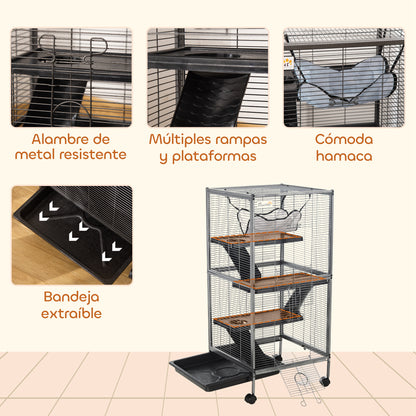 Jaula Grande Para Roedores Con 2 Puertas Pawhut 52x52x113,5cm Gris_5