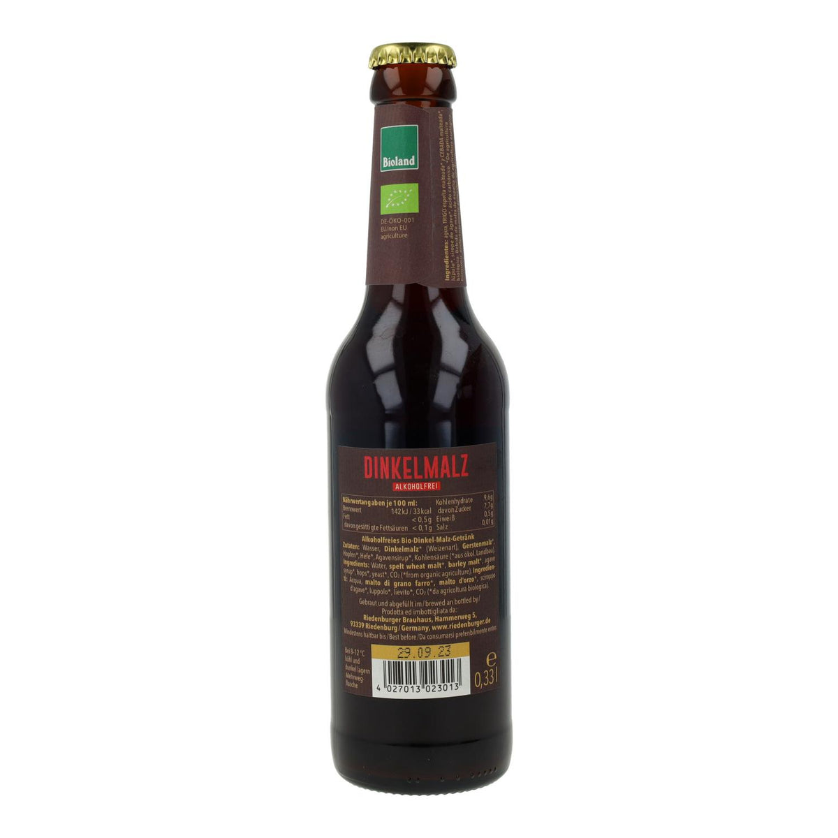 Cerveza Malta de Trigo de Espelta sin alcohol bio Riedenburger 33cl