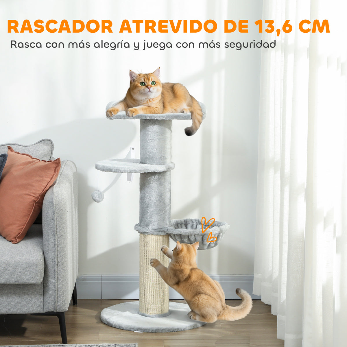 Pawhut Árbol Rascador Para Gatos 103,5 Cm Con Cama Hamaca Bola Gris Claro_3
