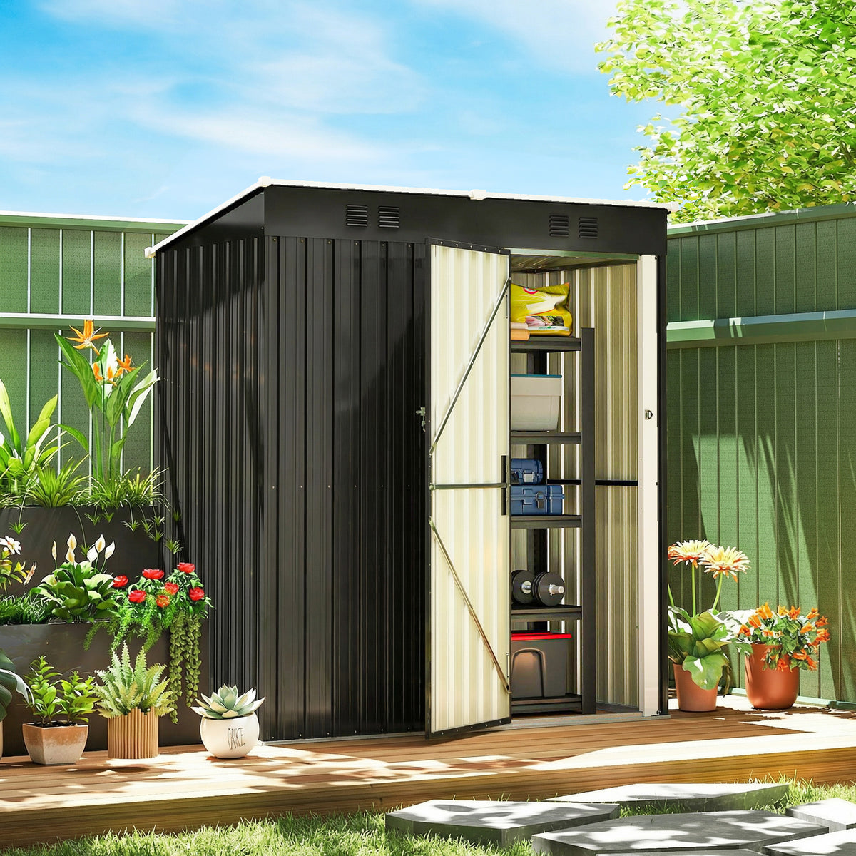 Caseta De Jardín Outsunny Acero Galvanizado Gris Oscuro 163x90x179 Cm_1