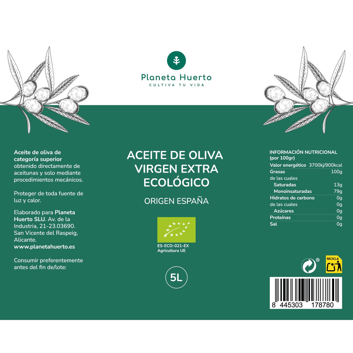Aceite de oliva Virgen Extra ECO Planeta Huerto 5 L