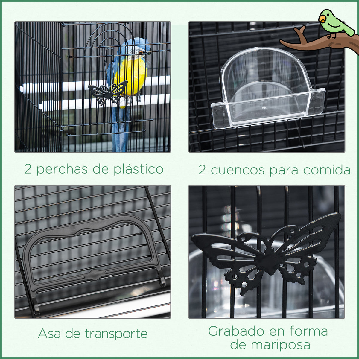 Jaula Para Pájaros Pawhut Metal, Pp Negro 60x41x41 Cm_5
