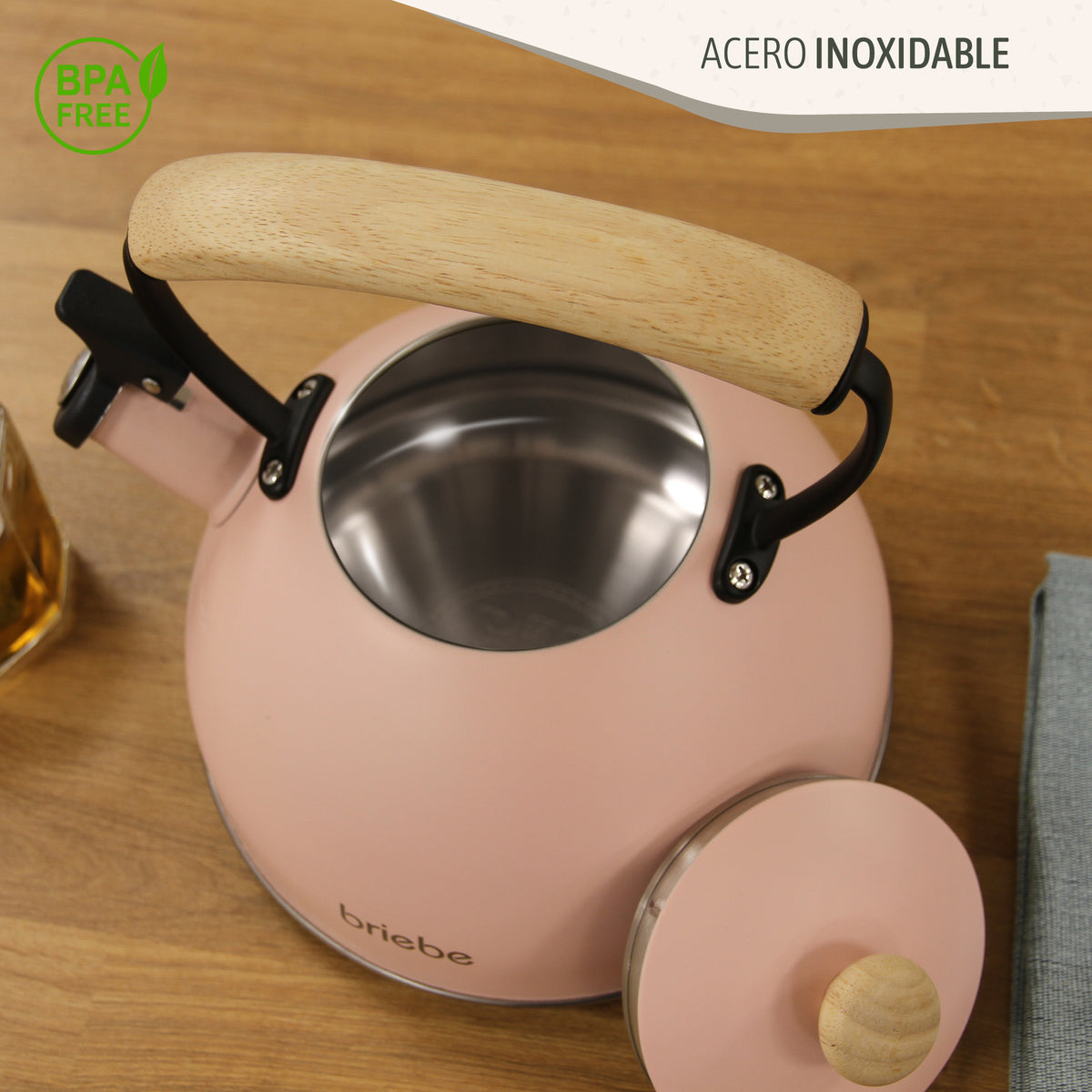 Briebe Tetera Con Silbato, Hervidor De Agua 2,3l, Inducción, Acero Inox, Vintage, Mango Madera, Pastel, Rosa_3