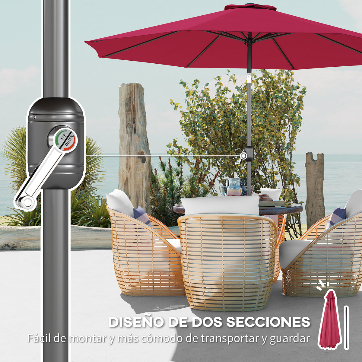Sombrilla De Jardín Con Inclinación Outsunny Ø295x250 Cm Vino Tinto_5