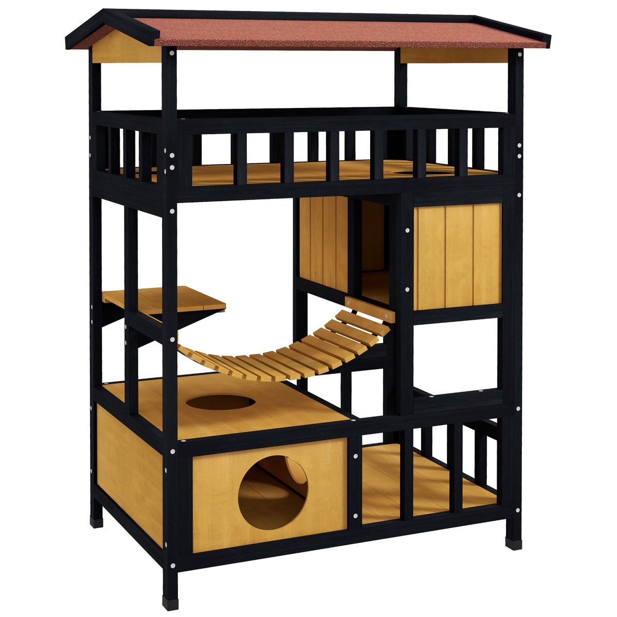 Pawhut Caseta Para Gatos De Madera 84x60x116 Cm Con Puente Colgante Natural_1