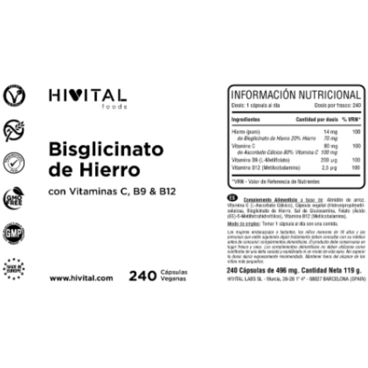 Hierro con vitaminas C, B12 y ácido fólico (B9) 240 cápsulas Hivital