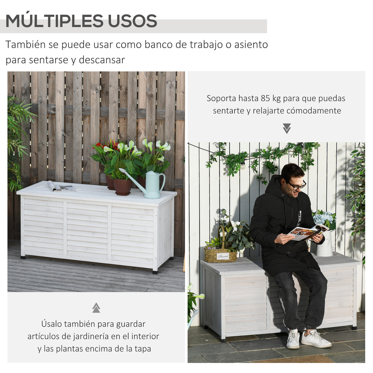 Baúl De Madera Outsunny Blanco 127x56x60 Cm Madera De Abeto_5