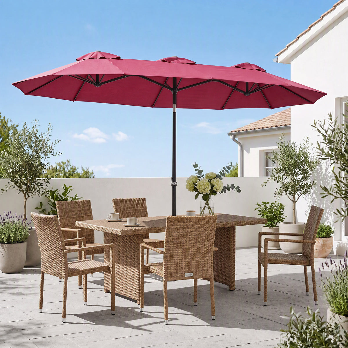 Sombrilla Doble Outsunny Tela De Poliéster, Acero Rojo Vino 295x152x222 Cm_1