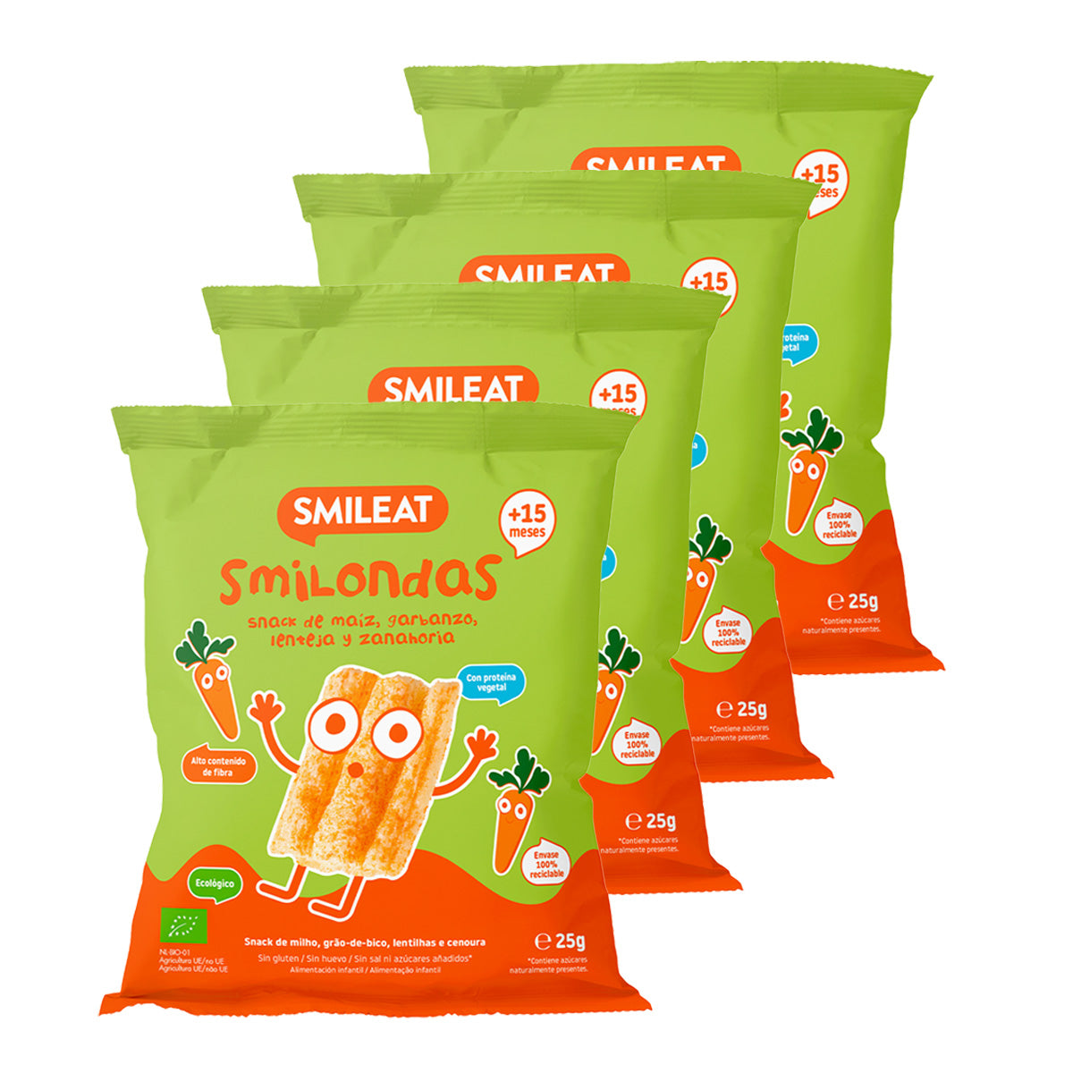 Pack 4x Smilondas Snack de Maiz, garbanzo, lenteja y Zanahoria Eco, Smileat, 25 g