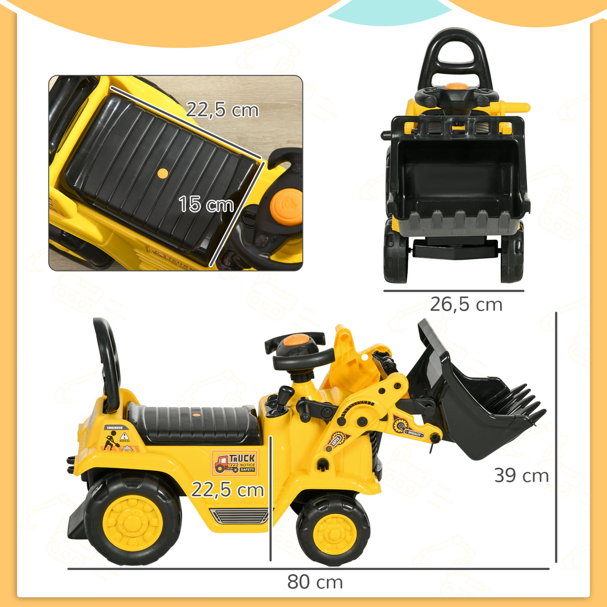 Tractor Correpasillos Homcom Pp, Abs Amarillo 80x26.5x39 Cm 301-058_2