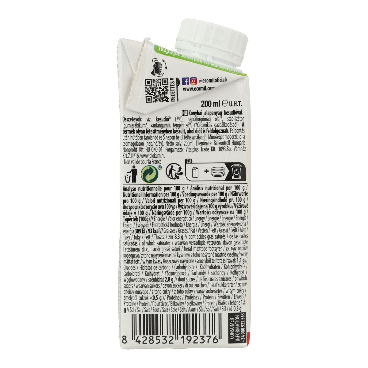 Crema Vegetal de Anacardo sin azúcar Bio Cuisine Ecomil 200 ml