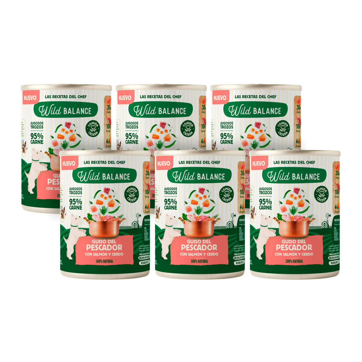 Pack 6X Guiso del pescador salmón y cerdo para perros Wild Balance 400 g