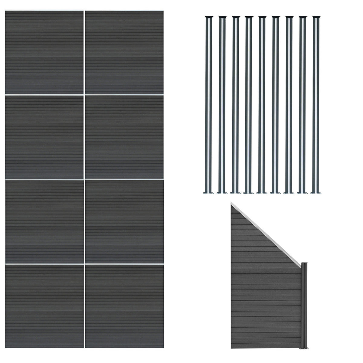 Vallas Para Exteriores De Wpc Y Aluminio - 8x Paneles Cuadrados + 1x Oblicuo + 9x Postes Con Led | Gris_0