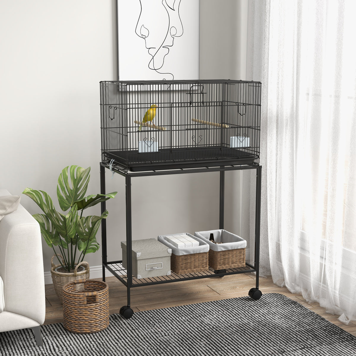 Jaula Para Pájaros Con Ruedas Pawhut Acero 77x46x119 Cm Negro_1