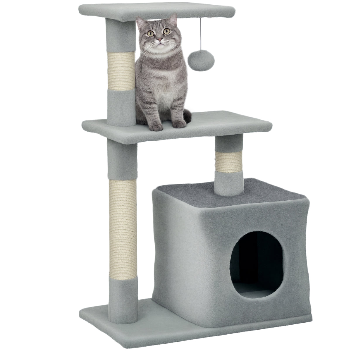 Pawhut Árbol Rascador Para Gatos Con Postes Plataformas Caja Bola Colgante Gris_0