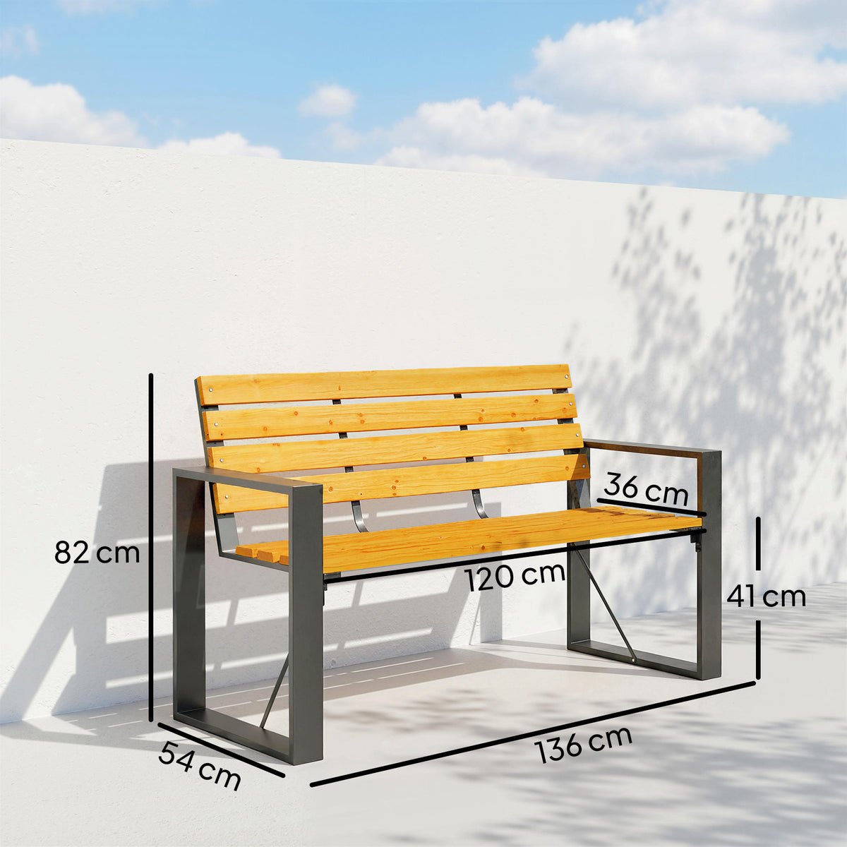 Banco De Jardín Outsunny Acero, Madera De Abeto Madera Natural 136x54x82 Cm_2