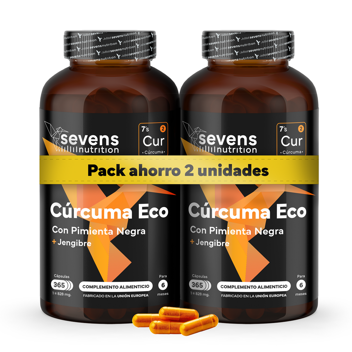 Pack 2x Cúrcuma + Jengibre Y Pimienta Negra Sevens Nutrition. Antiinflamatorio Y Salud Articular._0