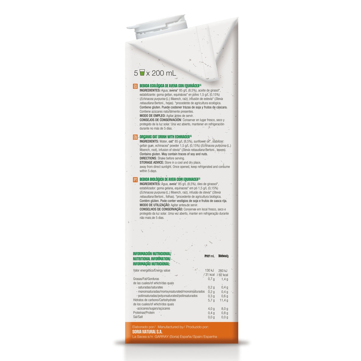 Bebida ecológica de avena con equinácea, Soria Natural, 1 L