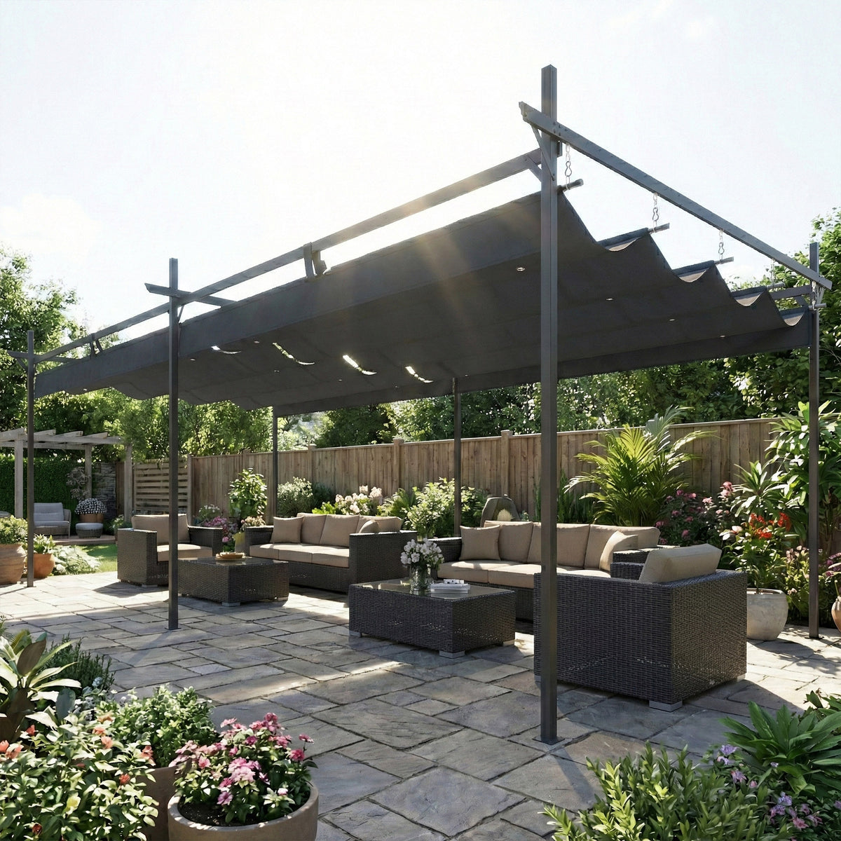 Pérgola De Jardín Outsunny Metal, Poliéster Gris Oscuro 588x297x230 Cm_3