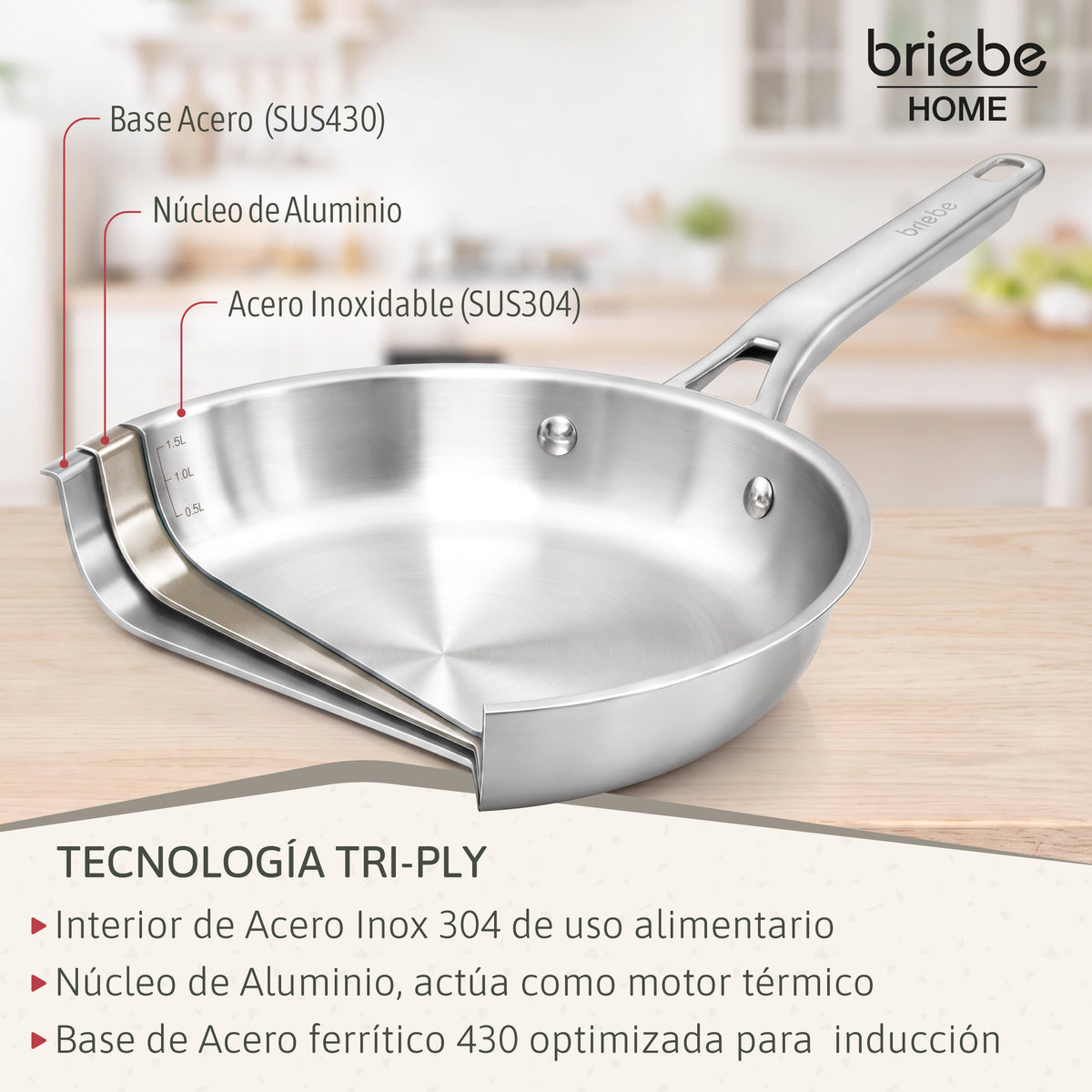 Briebe Pure Inox Juego De 2 Sartenes Acero Inoxidable Inducción 20-24 Cm, 3 Capas Tri-ply, Sin Antiadherente_4