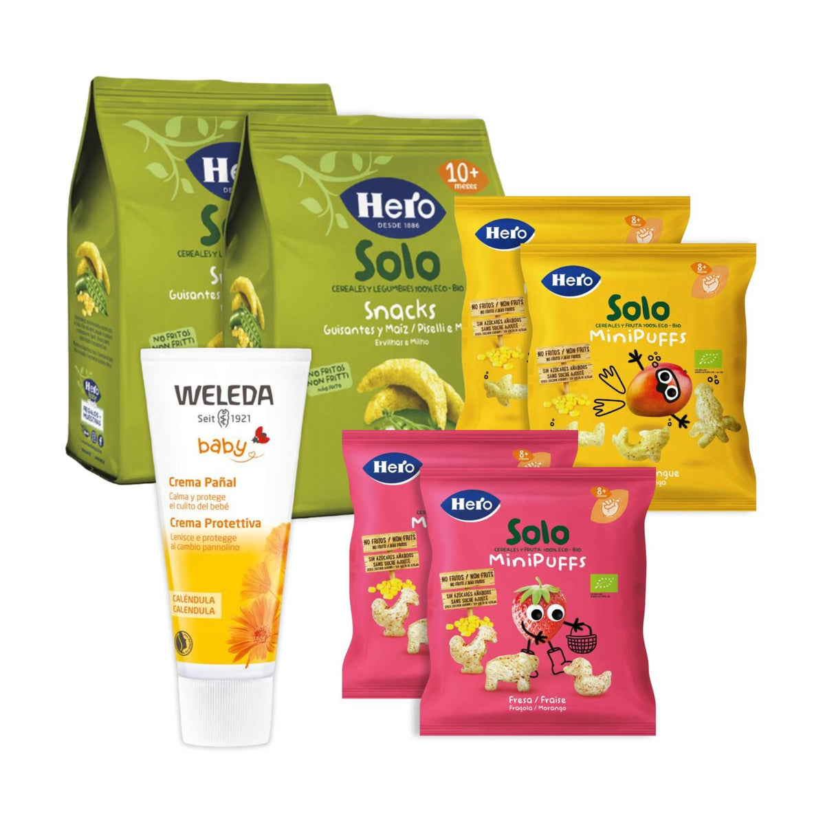 Pack 2 Snacks de Mango Hero + 2 Snacks de guisantes y maíz Hero + 2 Snacks de Fresa Hero + Crema de Pañal de Caléndula Weleda