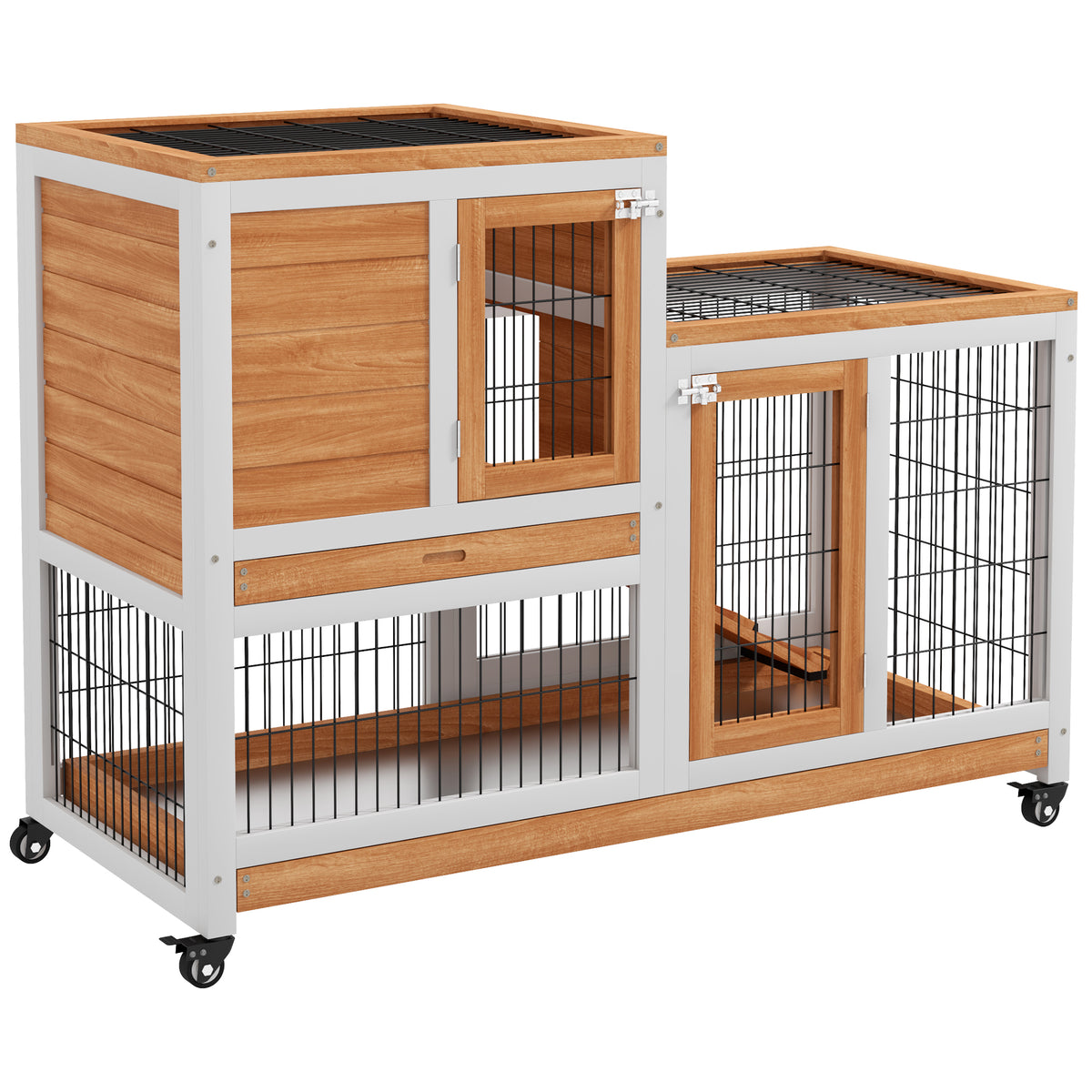 Conejera De Madera Pawhut Madera De Abeto, Metal Madera Natural Y Blanco 110x50x88 Cm_0