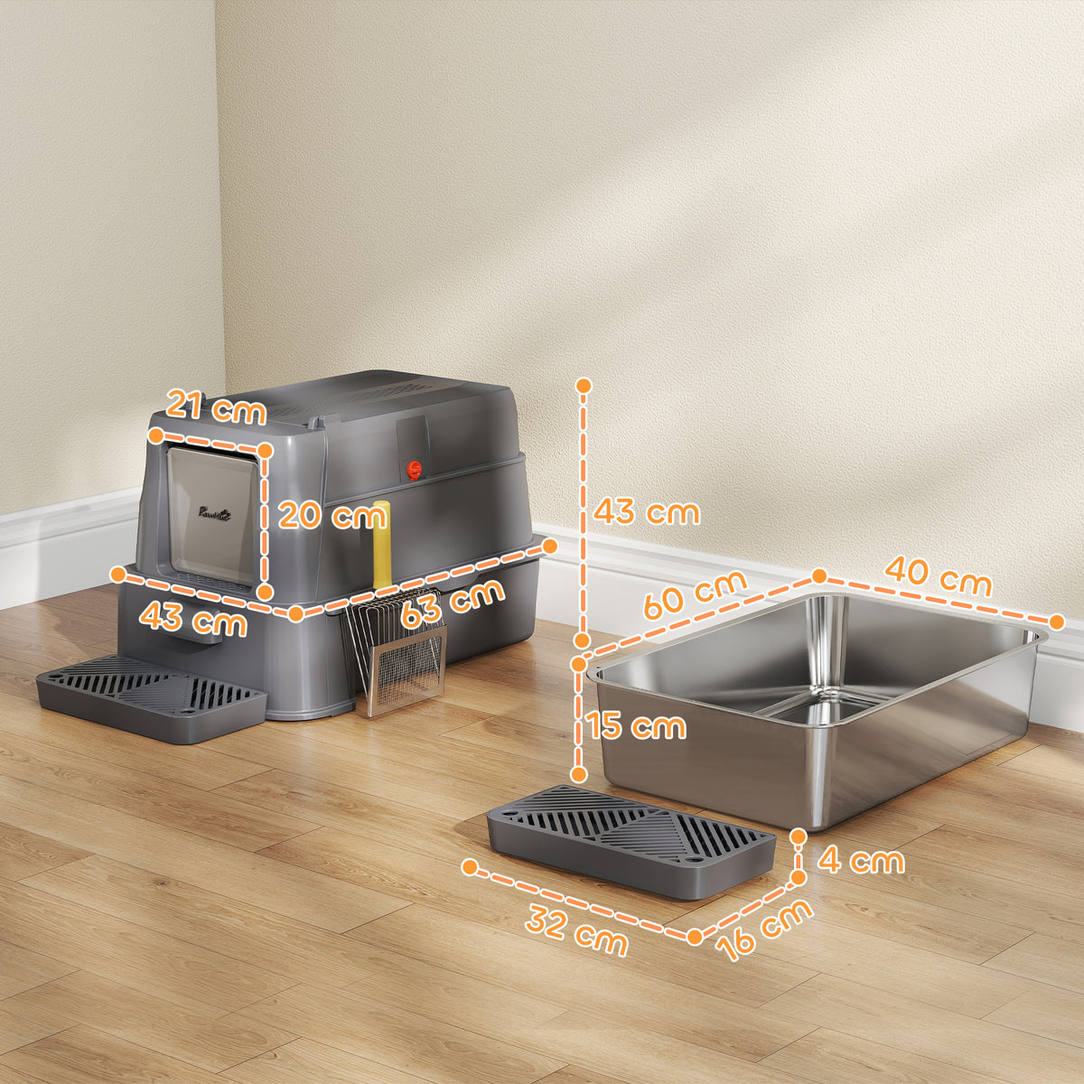 Pawhut Arenero Para Gatos De Acero Inoxidable Xl Con Tapa Abatible 180° Gris_2