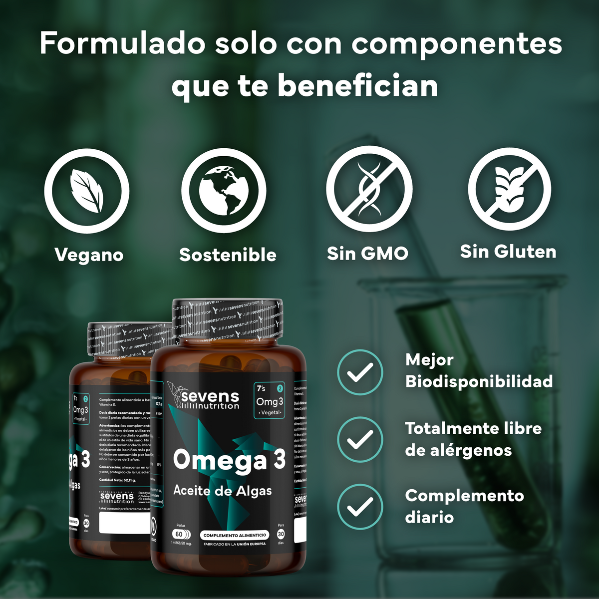 Pack 2x Omega 3 Vegano Sevens Nutrition. Dha Puro Para Cerebro, Visión Y Salud._3