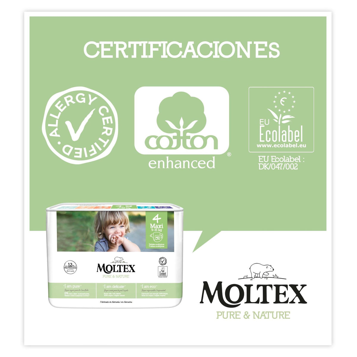Pañales Moltex Pure & Nature T4 (9-15 kg),  50 Uds