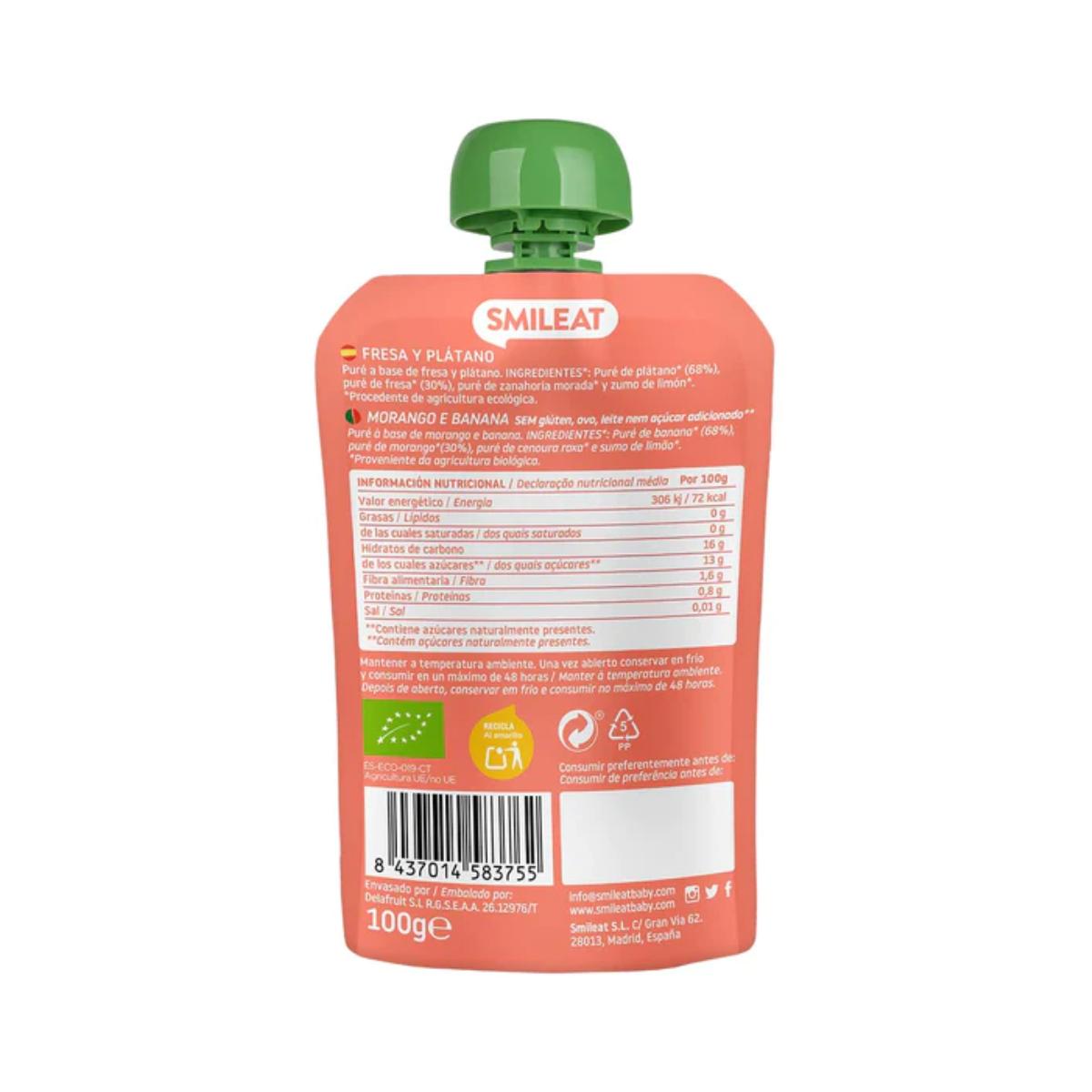 Pack 4x Pouche de Fresa y Plátano Smileat, 100g