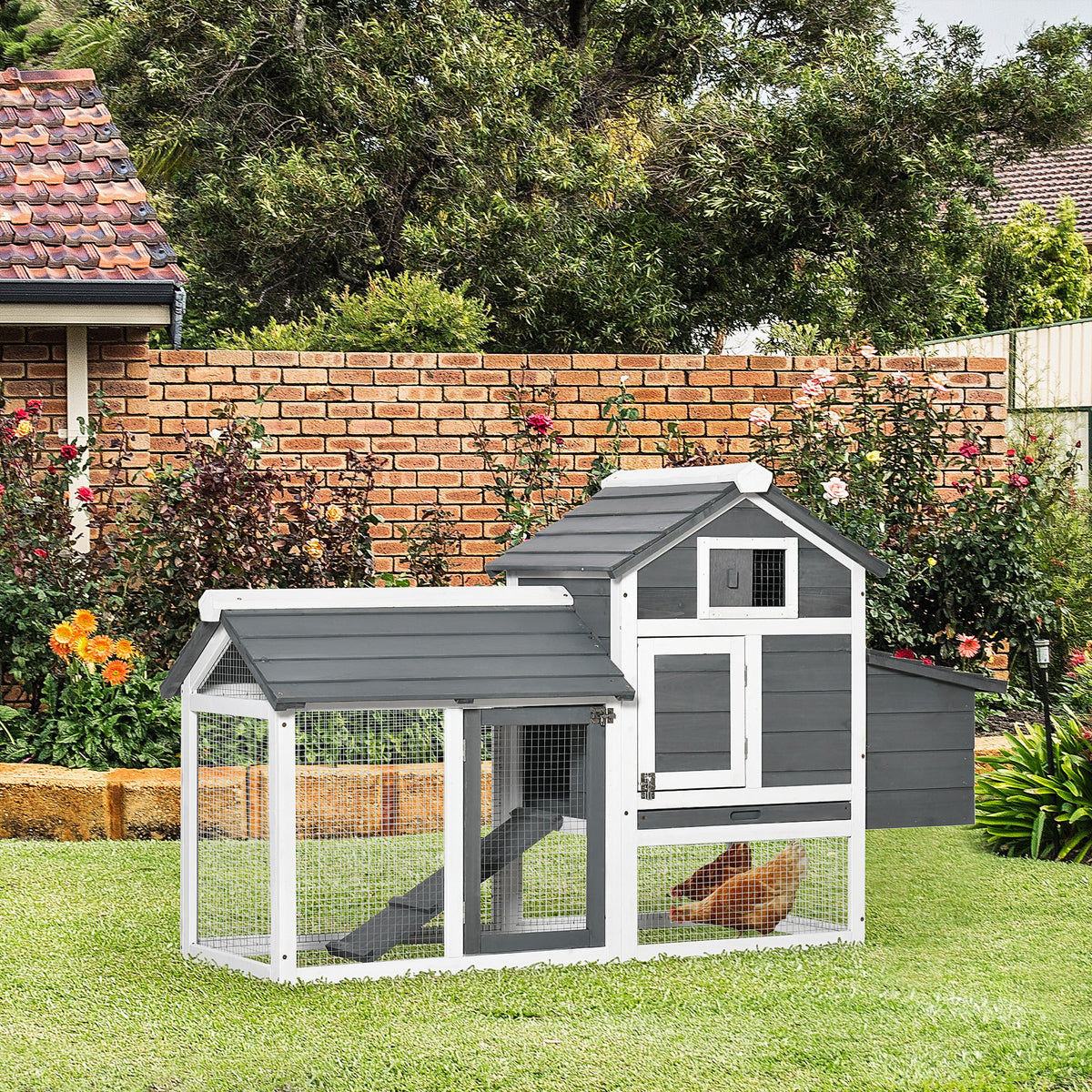 Gallinero De Madera Exterior Techo Abrible Pawhut 150,5x54x87 Cm Gris_1