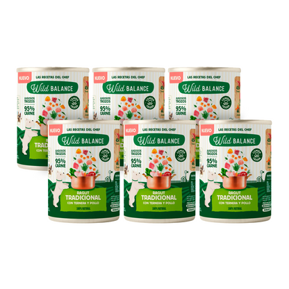 Pack 6X Ragut tradicional de ternera y pollo para perros Wild Balance 400 g