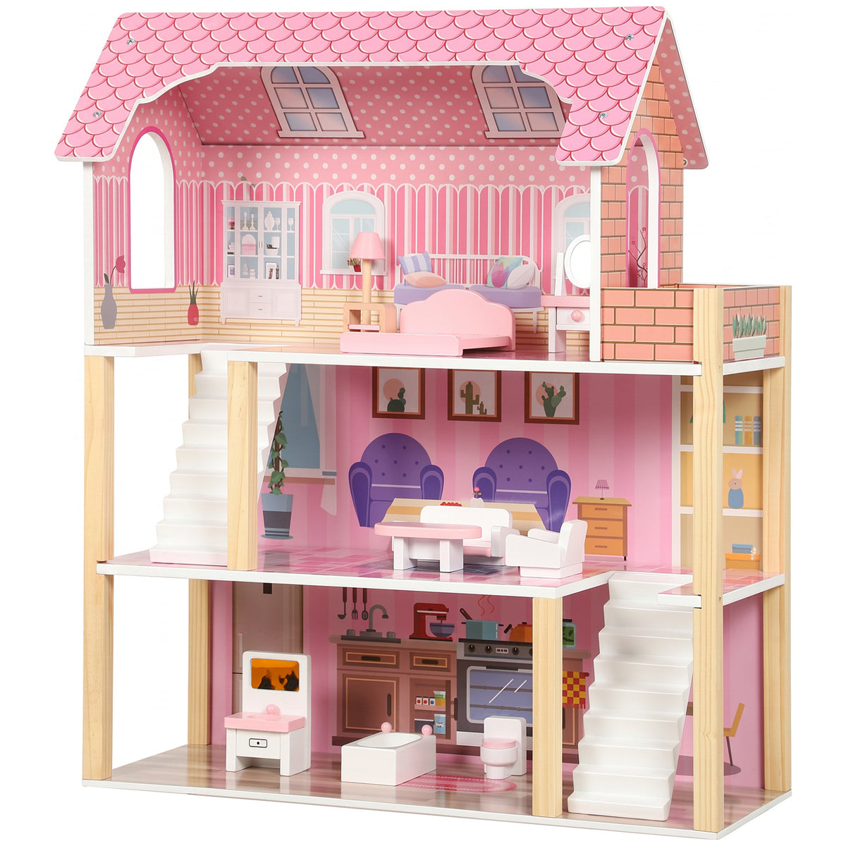 Casa De Muñecas Aiyaplay Mdf, Madera De Pino Rosa 59x23.6x69.5 Cm_0