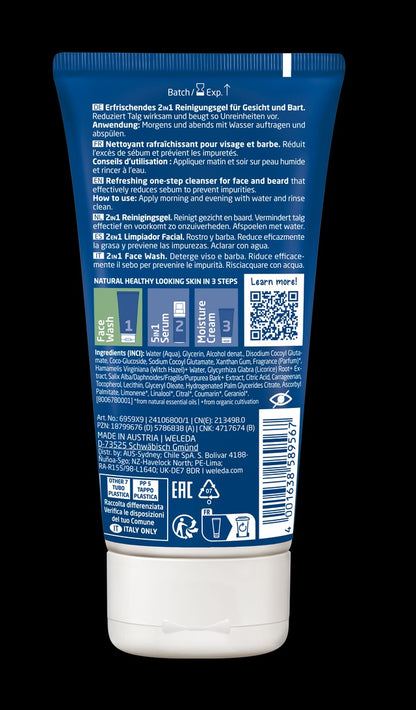 Gel Limpiador 2 en 1 Rostro &amp; Barba para Hombre Weleda, 100ml.