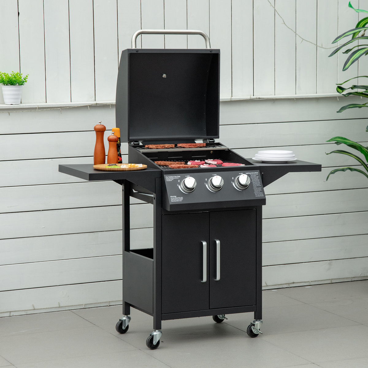 Barbacoa De Gas Con 3 Quemadores 4 Ruedas Outsunny 121x55x109 Cm Negro_1