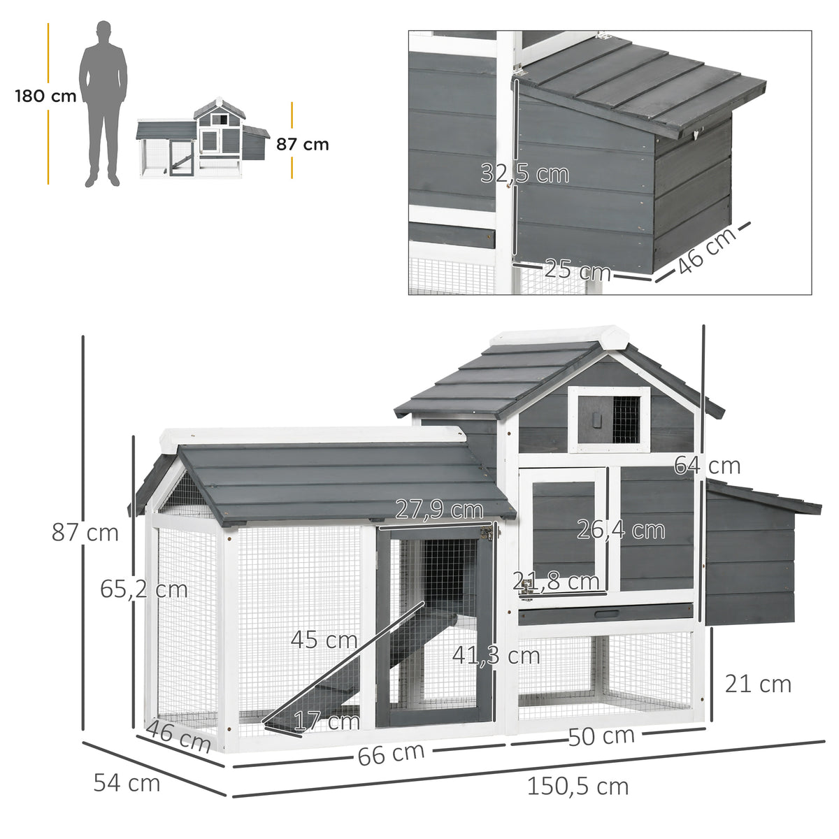 Gallinero De Madera Exterior Techo Abrible Pawhut 150,5x54x87 Cm Gris_2