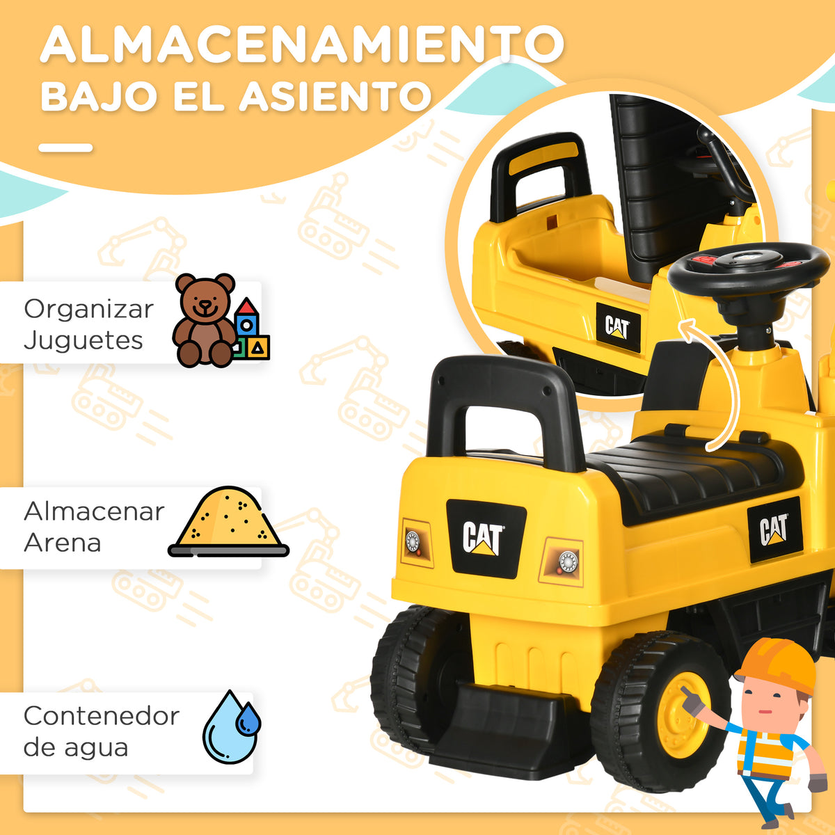 Excavadora Para Niños Homcom Pp, Metal Amarillo 85x27.5x47.5 Cm_5