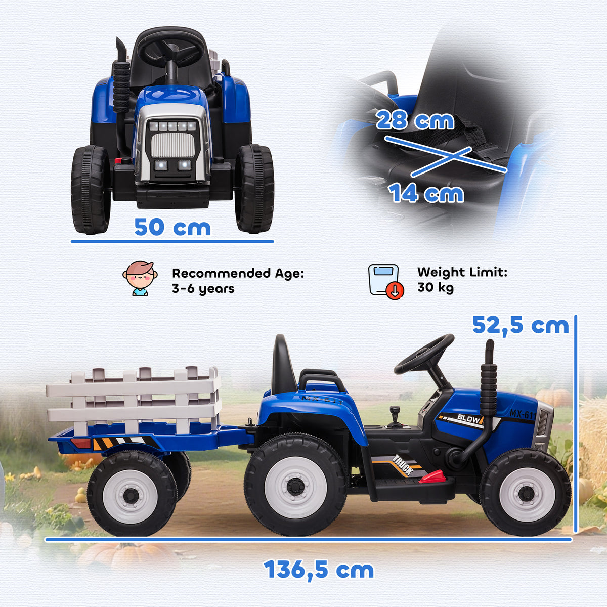 Homcom Tractor Eléctrico Con Remolque Para Niños 3-6 Años 136,5x50x52,5 Cm Azul_2