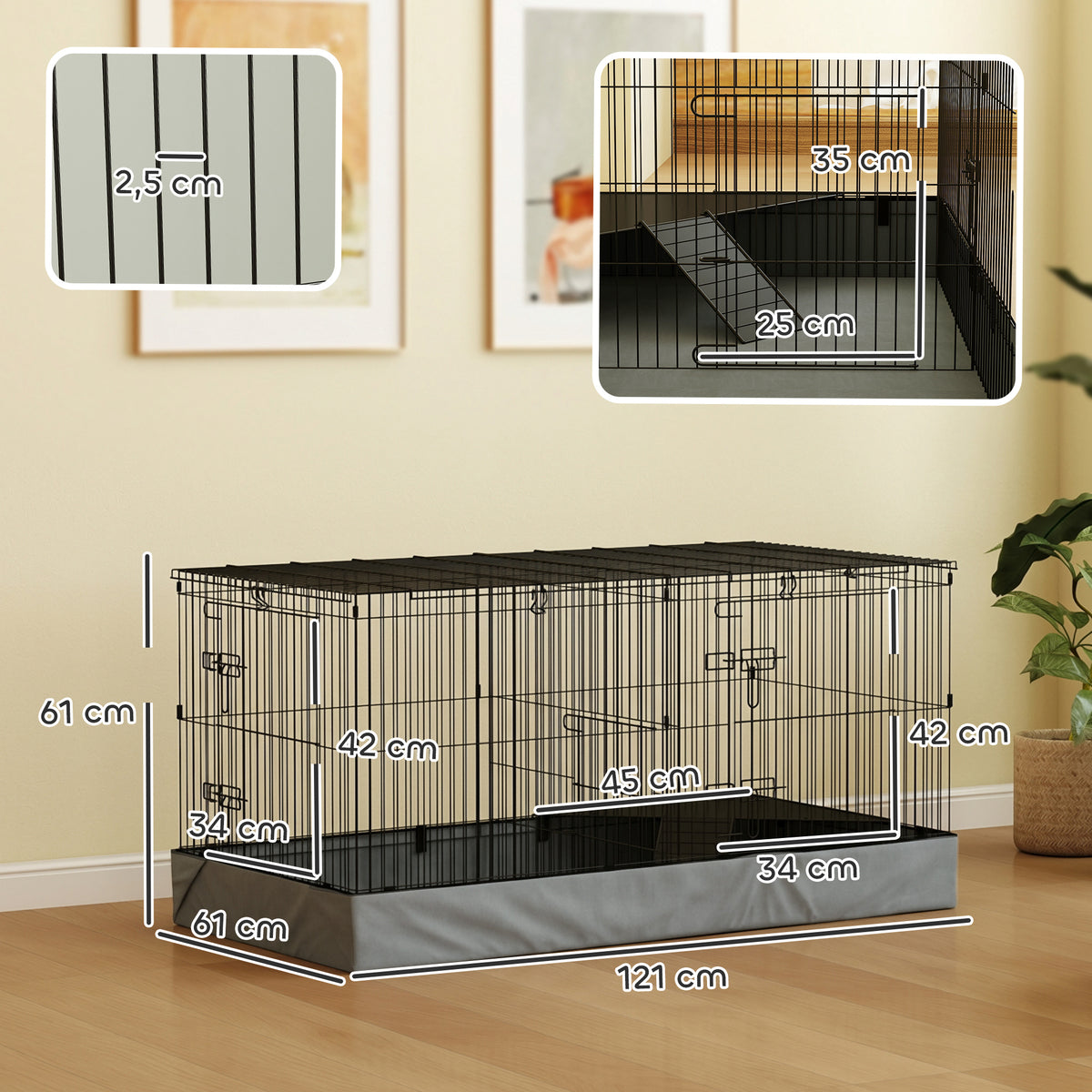 Jaula Animales Pequeños Pawhut Acero Negro 121x61x61 Cm_2