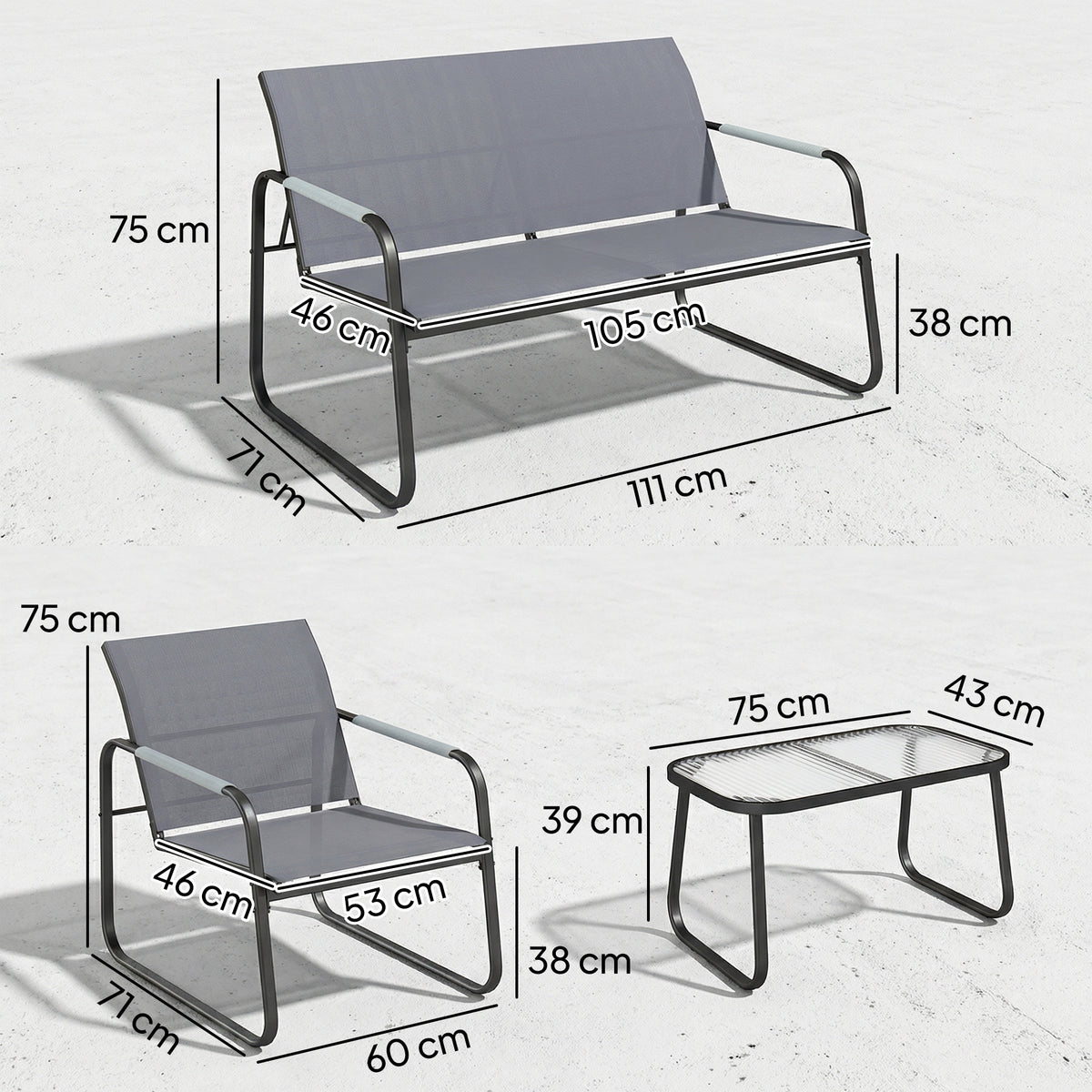 Conjunto De Jardín Outsunny Acero Galvanizado, Textilene Gris 111x71x75 Cm_2